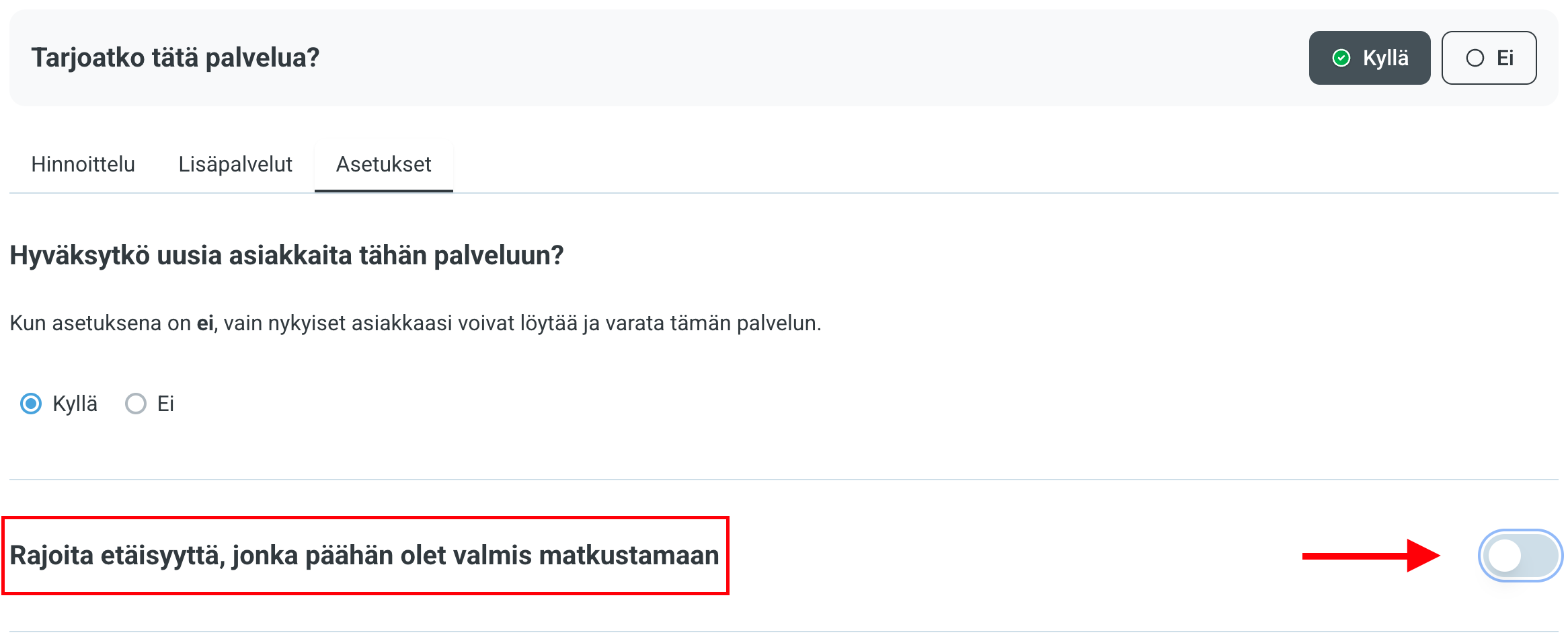 Kuvakaappaus matkustamisen etäisyyden rajoittamisesta hoitajaprofiilissa